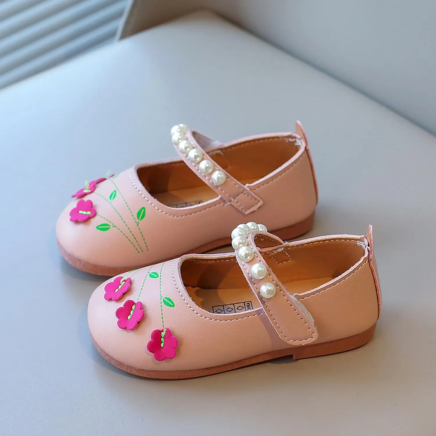 Baby Girls Leather Beaded Strap Sandals Low Heel Closed Toe Ankle Formal Shoes with Flower Toddler Dance Elegant Sandals