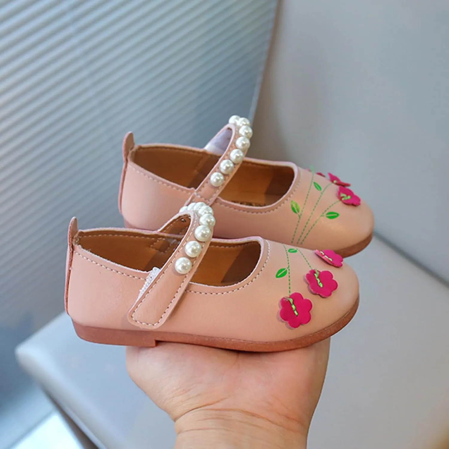 Baby Girls Leather Beaded Strap Sandals Low Heel Closed Toe Ankle Formal Shoes with Flower Toddler Dance Elegant Sandals