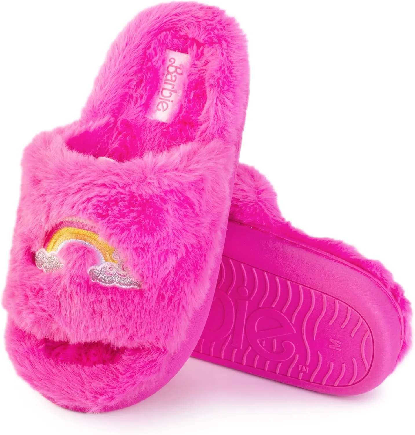 Barbie Women's Cozy X-Band and Open Toe Faux Fur Memory Foam Indoor Outdoor Soled Slipper in Xs-XL