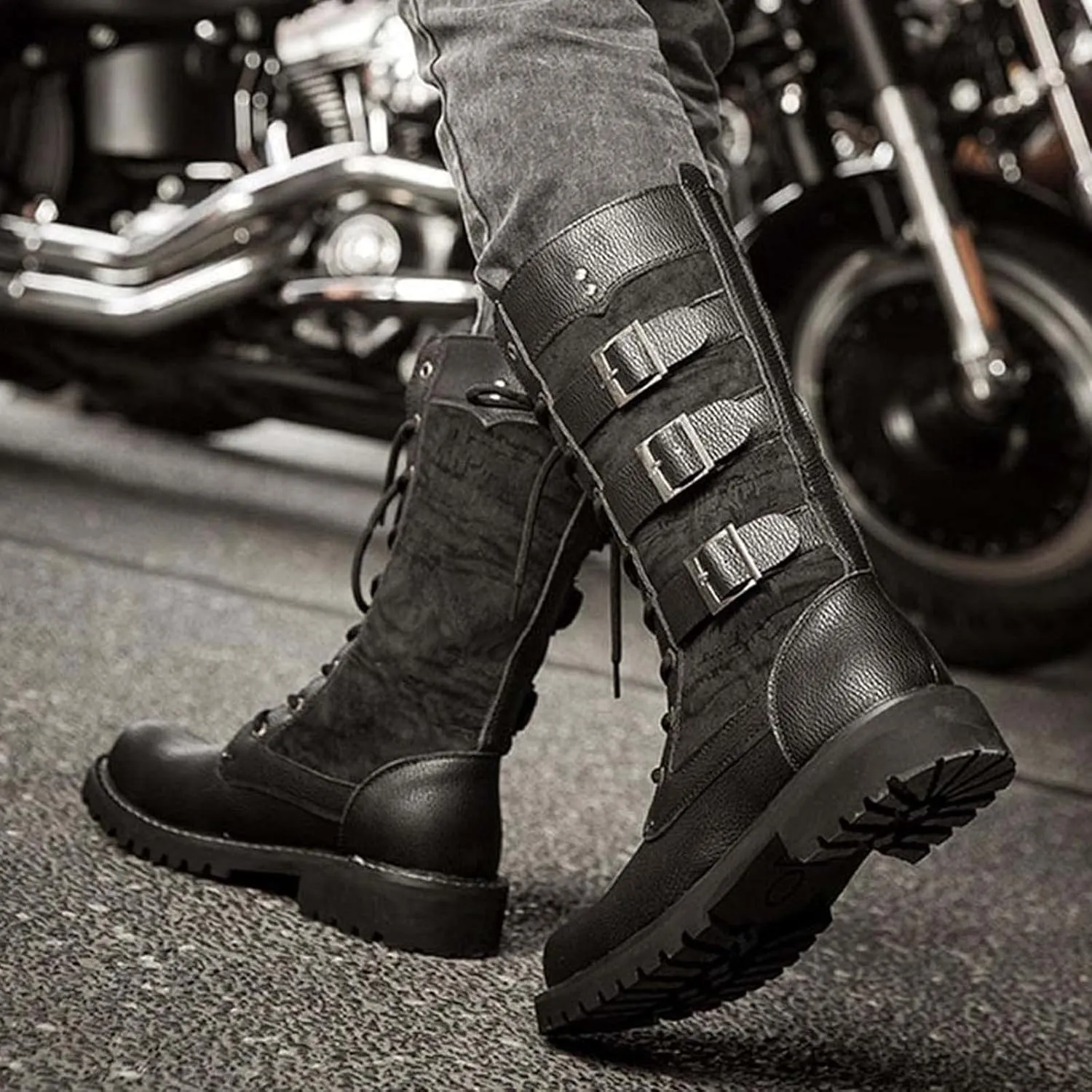 Black Men's Lace Up Leather Lightweight Military Tactical Work Boots Slip Resistant Motorcycle Combat Boots