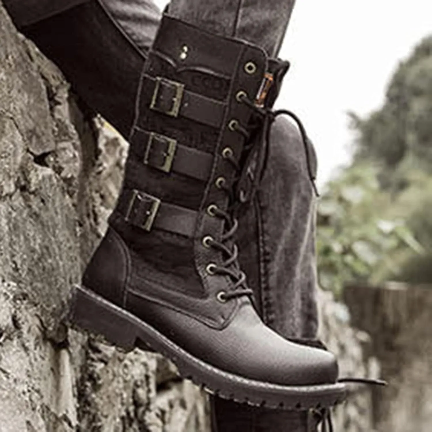 Black Men's Lace Up Leather Lightweight Military Tactical Work Boots Slip Resistant Motorcycle Combat Boots