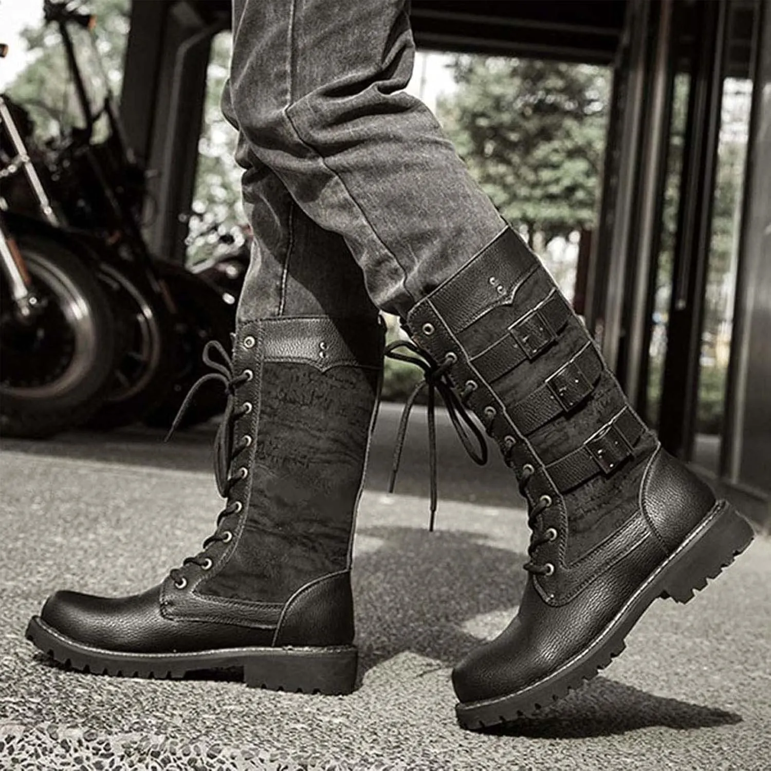Black Men's Lace Up Leather Lightweight Military Tactical Work Boots Slip Resistant Motorcycle Combat Boots