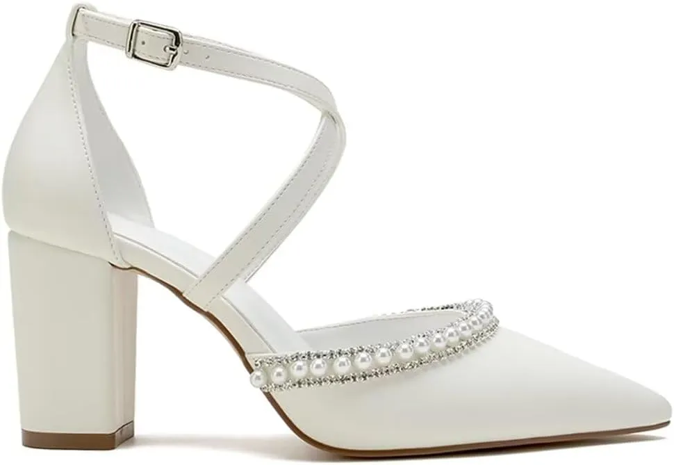 Block Heel Wedding Shoes for Bride Closed Toe Pearl Bridal Shoes Cross Strap Wedding Heels