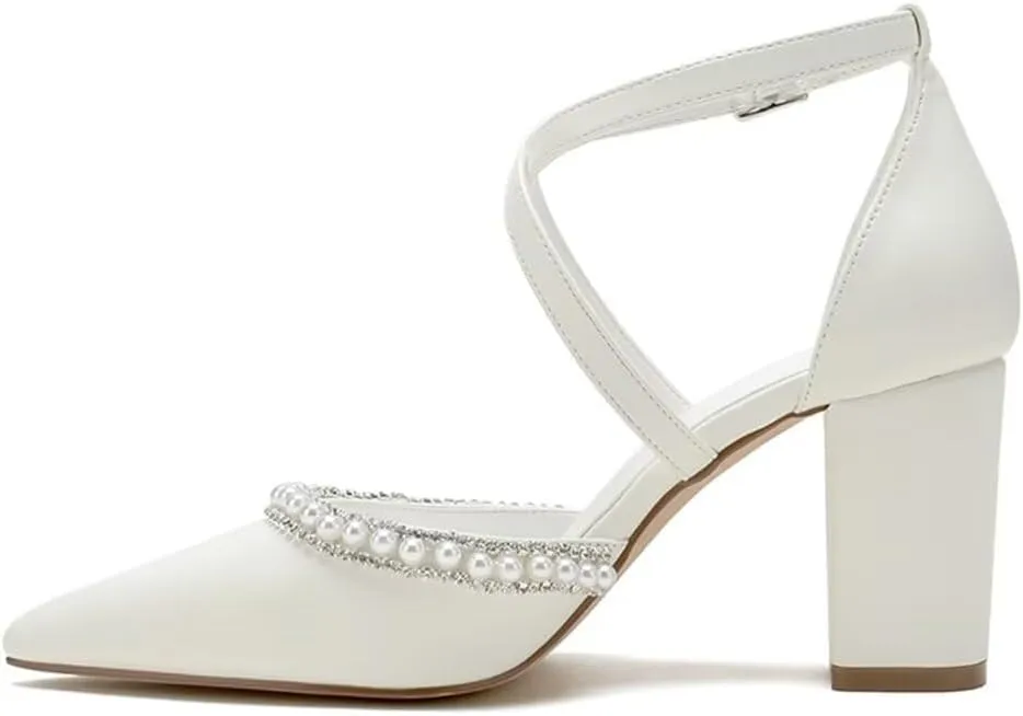 Block Heel Wedding Shoes for Bride Closed Toe Pearl Bridal Shoes Cross Strap Wedding Heels