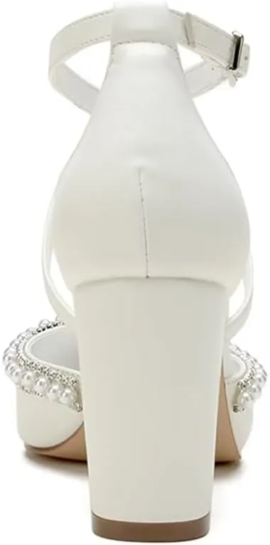 Block Heel Wedding Shoes for Bride Closed Toe Pearl Bridal Shoes Cross Strap Wedding Heels
