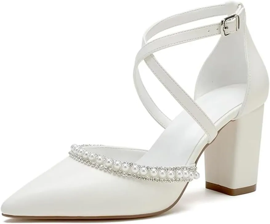 Block Heel Wedding Shoes for Bride Closed Toe Pearl Bridal Shoes Cross Strap Wedding Heels