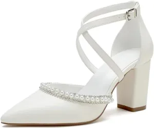 Block Heel Wedding Shoes for Bride Closed Toe Pearl Bridal Shoes Cross Strap Wedding Heels