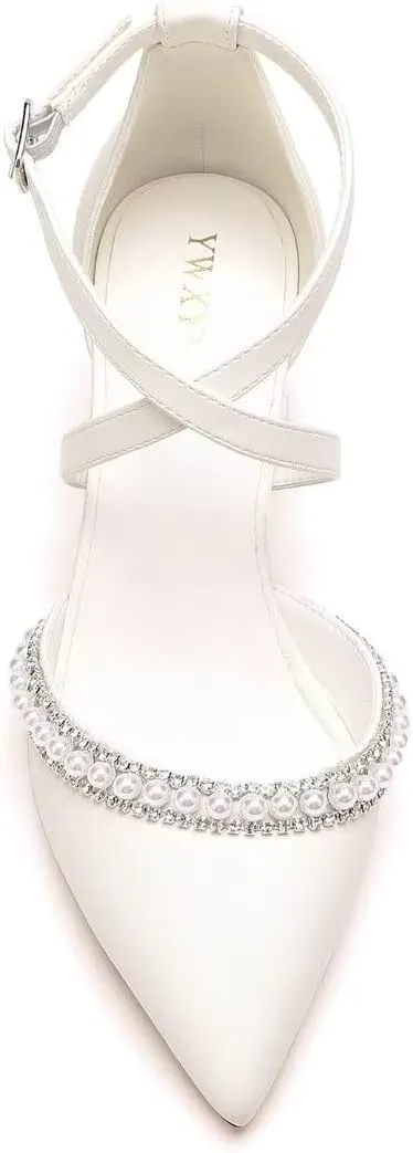 Block Heel Wedding Shoes for Bride Closed Toe Pearl Bridal Shoes Cross Strap Wedding Heels
