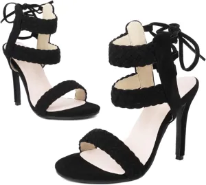 Braided High Heel Stilettos Strappy Sandals for Women Open Toe Suede Dressy Summer Shoes Sexy Elegant Party Event Wedding Prom Ballroom Night Out