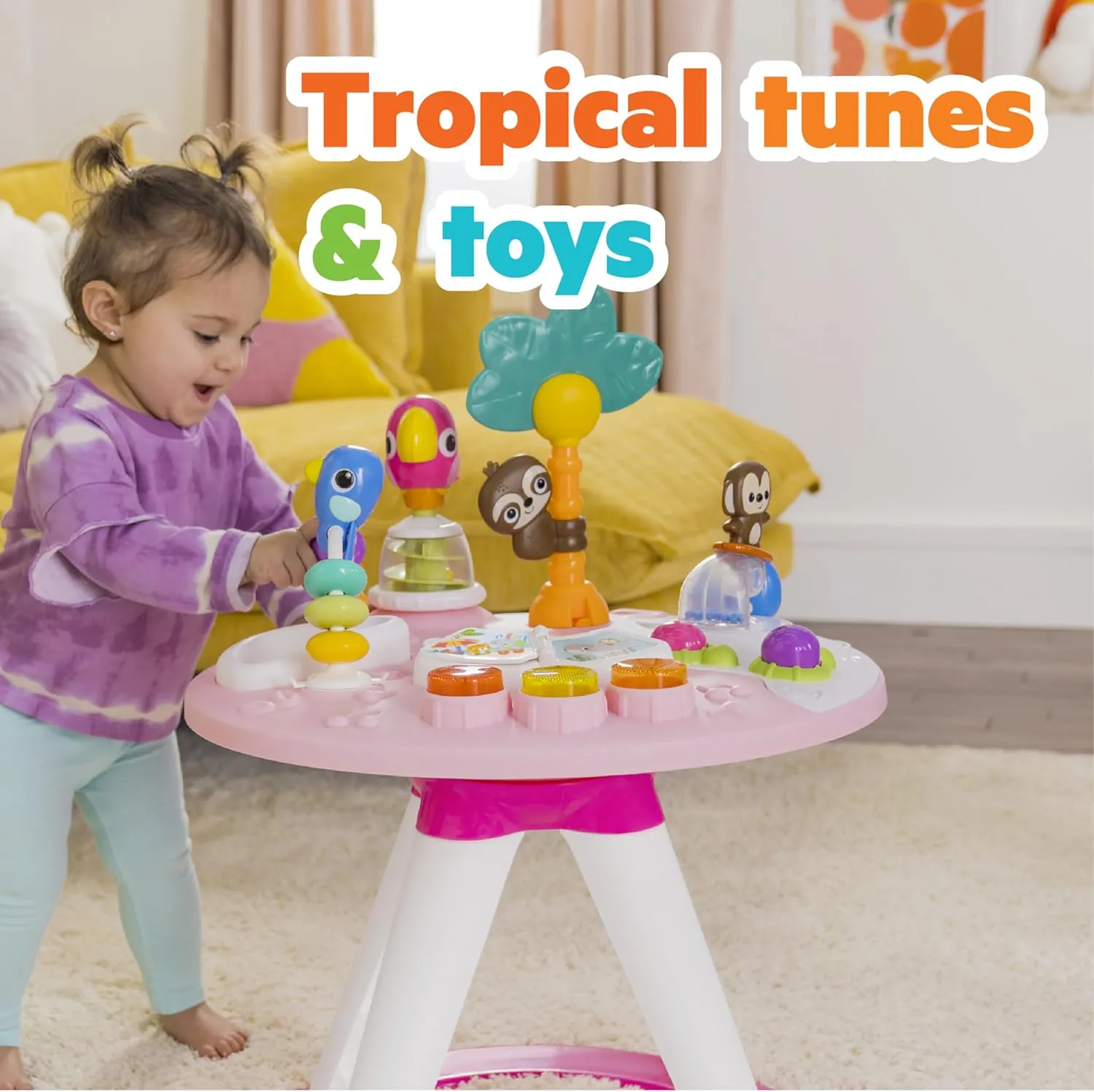 Bright Starts Around We Go 2-in-1 Baby Walker, Discovery Activity Center and Table, Tropic Coral, Ages 6 Months 