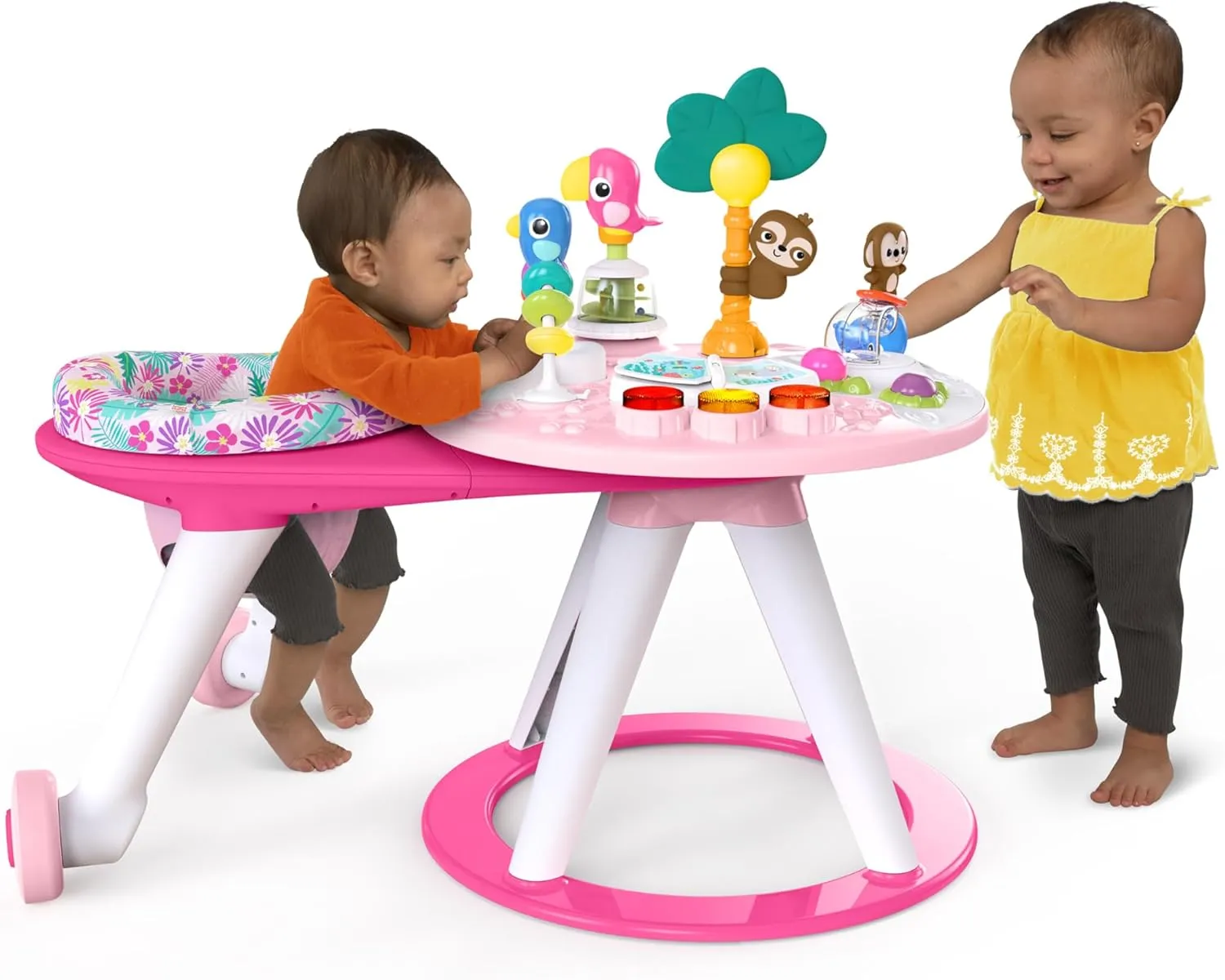 Bright Starts Around We Go 2-in-1 Baby Walker, Discovery Activity Center and Table, Tropic Coral, Ages 6 Months 