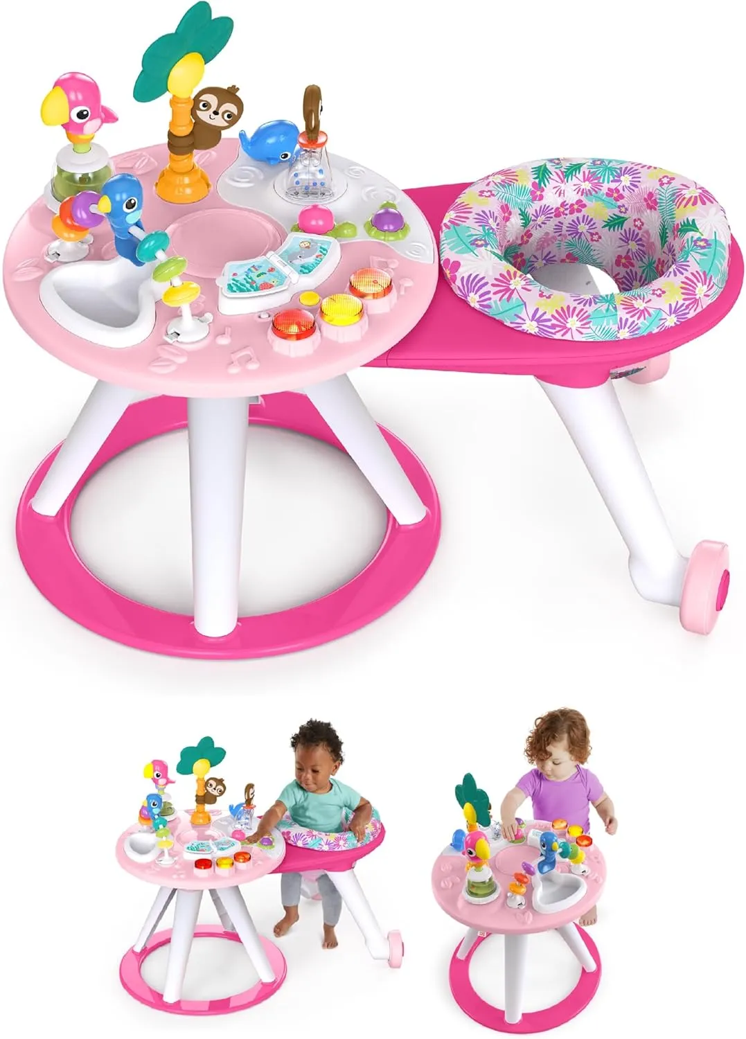 Bright Starts Around We Go 2-in-1 Baby Walker, Discovery Activity Center and Table, Tropic Coral, Ages 6 Months 