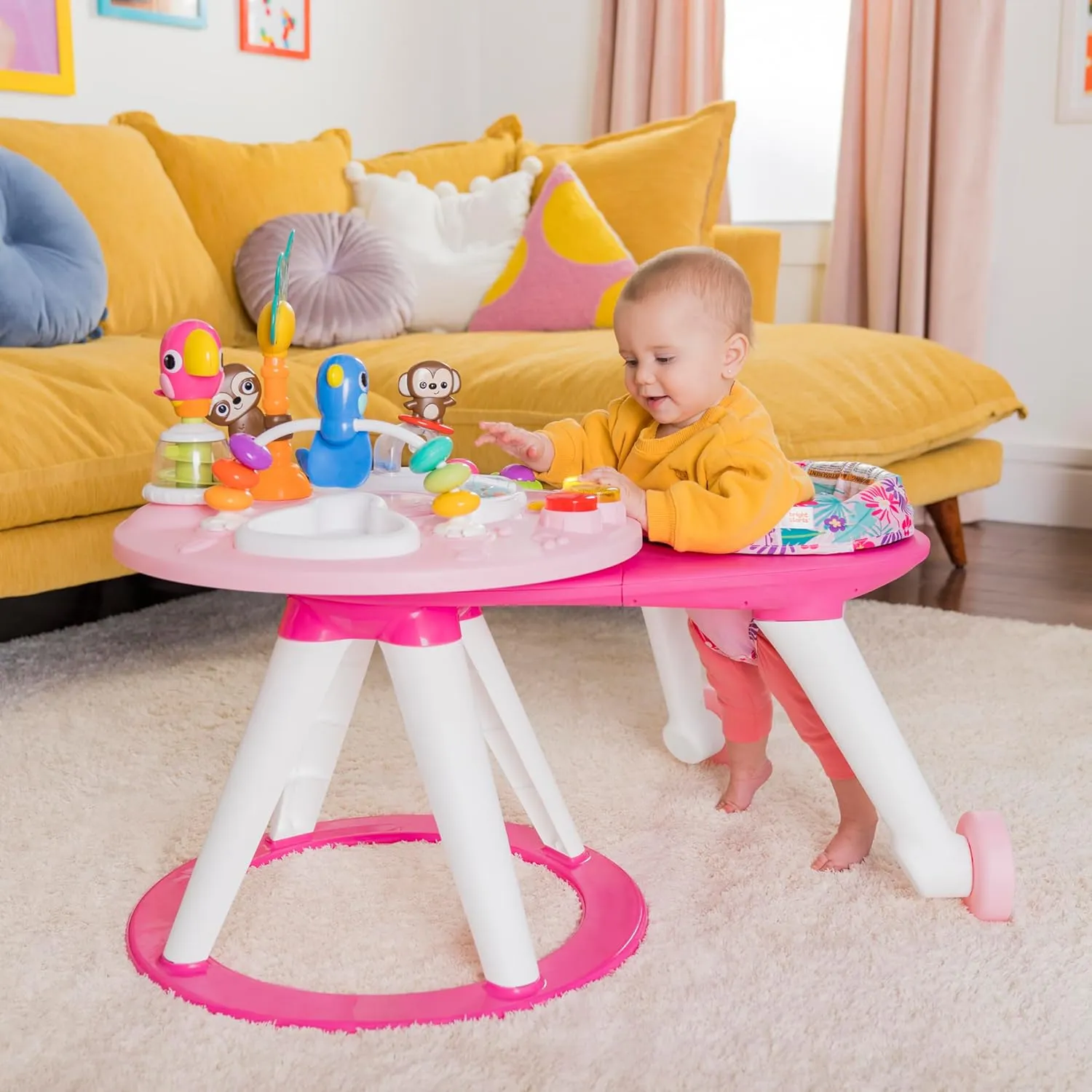 Bright Starts Around We Go 2-in-1 Baby Walker, Discovery Activity Center and Table, Tropic Coral, Ages 6 Months 