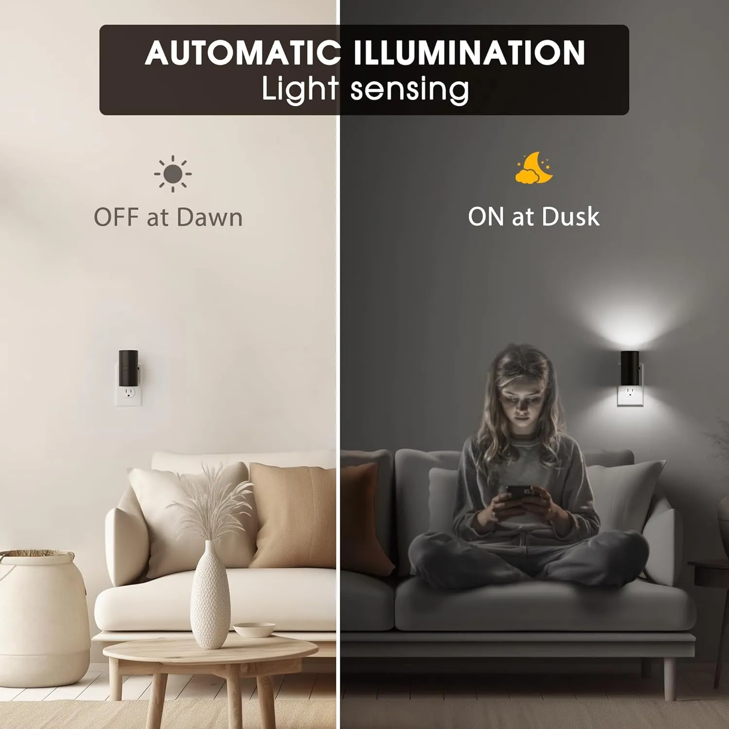 Briignite Night Lights Plug into Wall, Modern LED Night Light Plug in, Dusk to Dawn Sensor, 5000K Daylight, 0-100LM Adjustable Brightness, Dimmable NightLight for Hallway, Bedroom, Stairway, 2 Pack