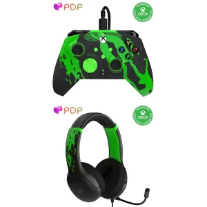 Bundle of PDP Gaming REMATCH GLOW Enhanced Wired Gaming Controller Xbox Series X|S, Xbox One, Windows PC, Mappable Back Buttons   PDP AIRLITE GLOW Wired Headset - Jolt Green (Glow in the Dark)