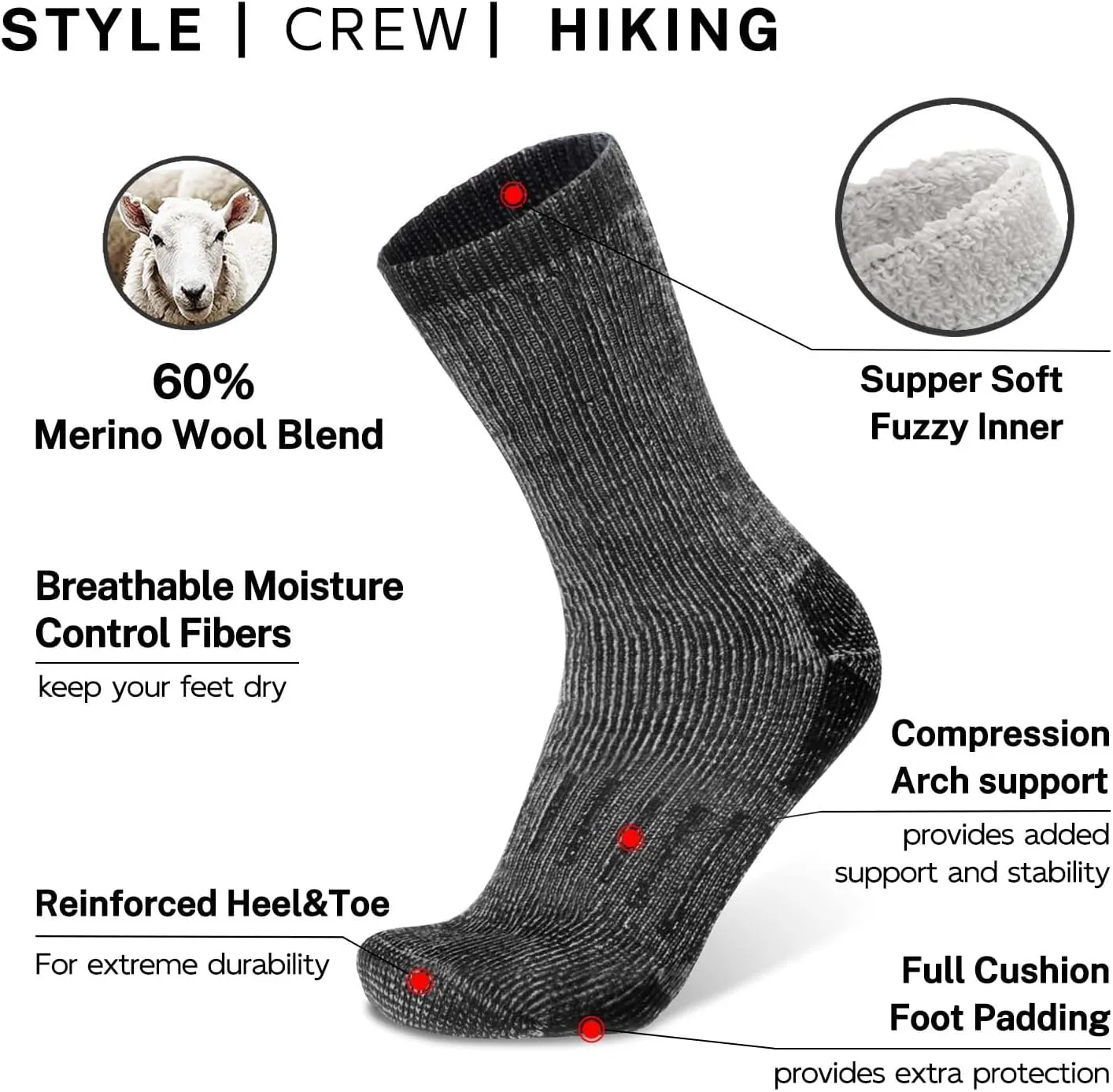 Busy Socks 3 Pack Crew Merino Wool Hiking Socks for Men Women Winter Thick Warm Thermal Cushioned Moisture Wicking Boot Sock