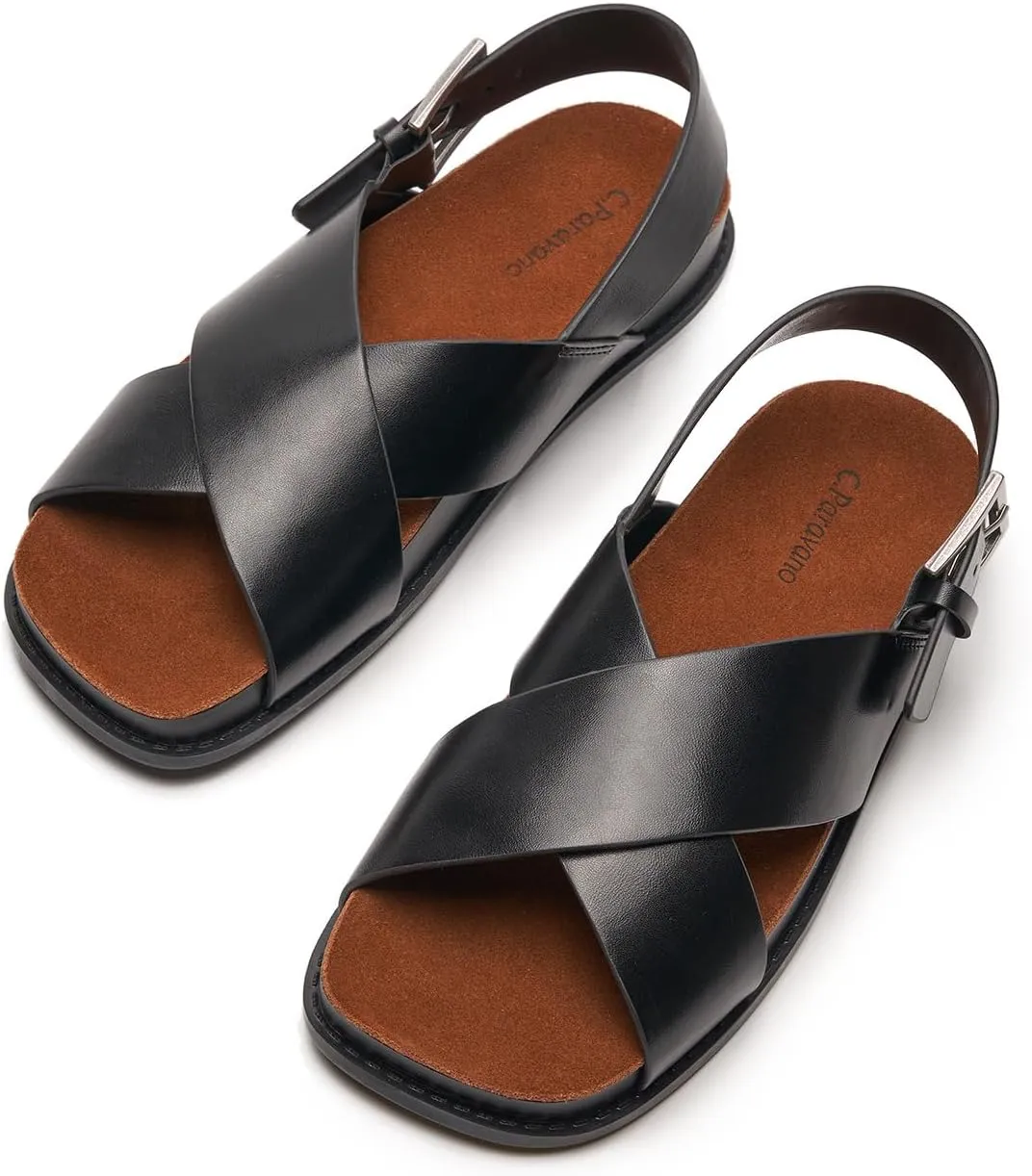 C. Paravano Women Sandals,Comfortable Dressy Flat Slides Summer Sandals with Arch Support for Walking Beach Casual Adjustable Buckle Slip-Ons Fashion Shoes