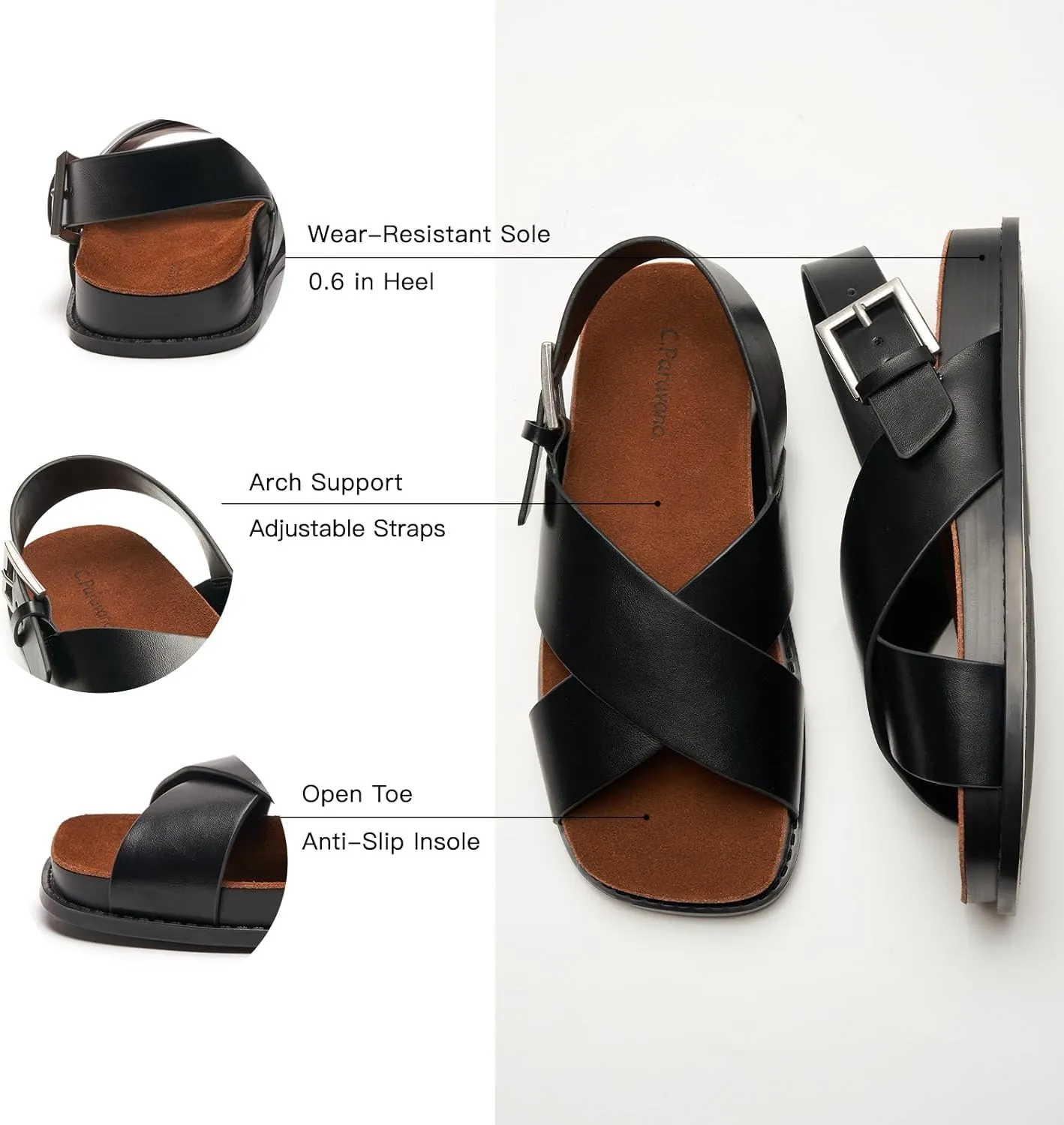 C. Paravano Women Sandals,Comfortable Dressy Flat Slides Summer Sandals with Arch Support for Walking Beach Casual Adjustable Buckle Slip-Ons Fashion Shoes