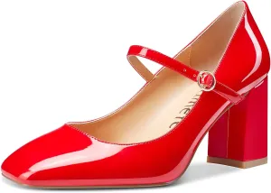 Castamere Ladies Chunky Heel Square-Toe Mary Jane Pumps Strappy Sexy Elegant Pump 3 Inch Heels