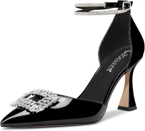 Castamere Women High Chunky Block Heel Ankle Strap Diamond Crystal Pointed Toe Pumps 3.3 Inches Heels