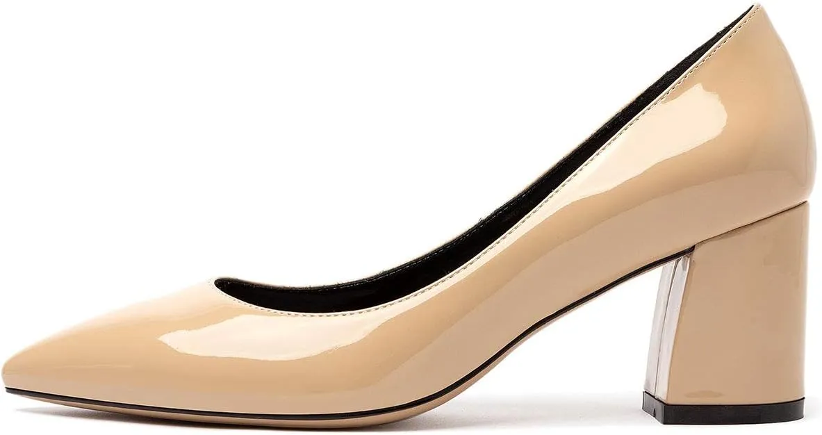 Castamere Womens Chunky Block Heels Pointed Toe Slip-on Mid-Heel Leather Lining Pumps 6CM