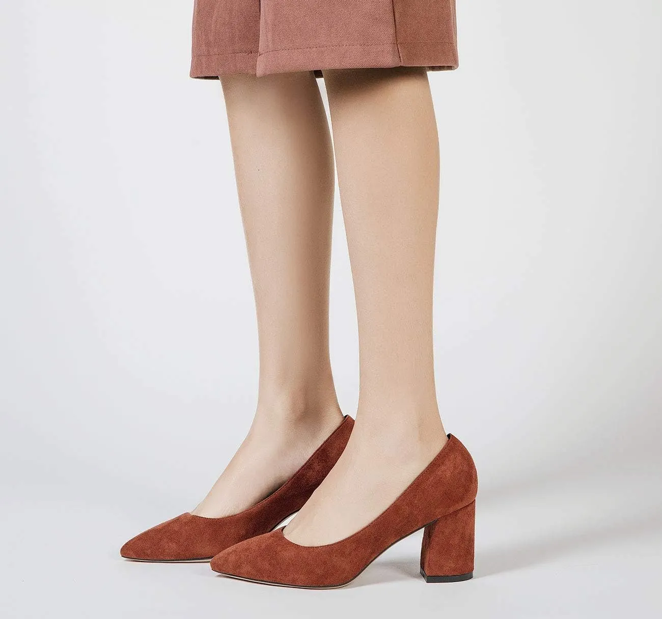 Castamere Womens Chunky Block Heels Pointed Toe Slip-on Mid-Heel Leather Lining Pumps 6CM