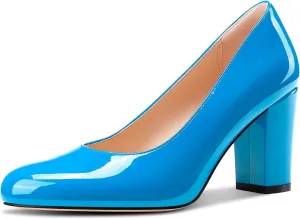 Castamere Womens High Chunky Block Heel Round Toe Pumps Slip-on Prom Dress Patent Leather 3.2 Inches Heels