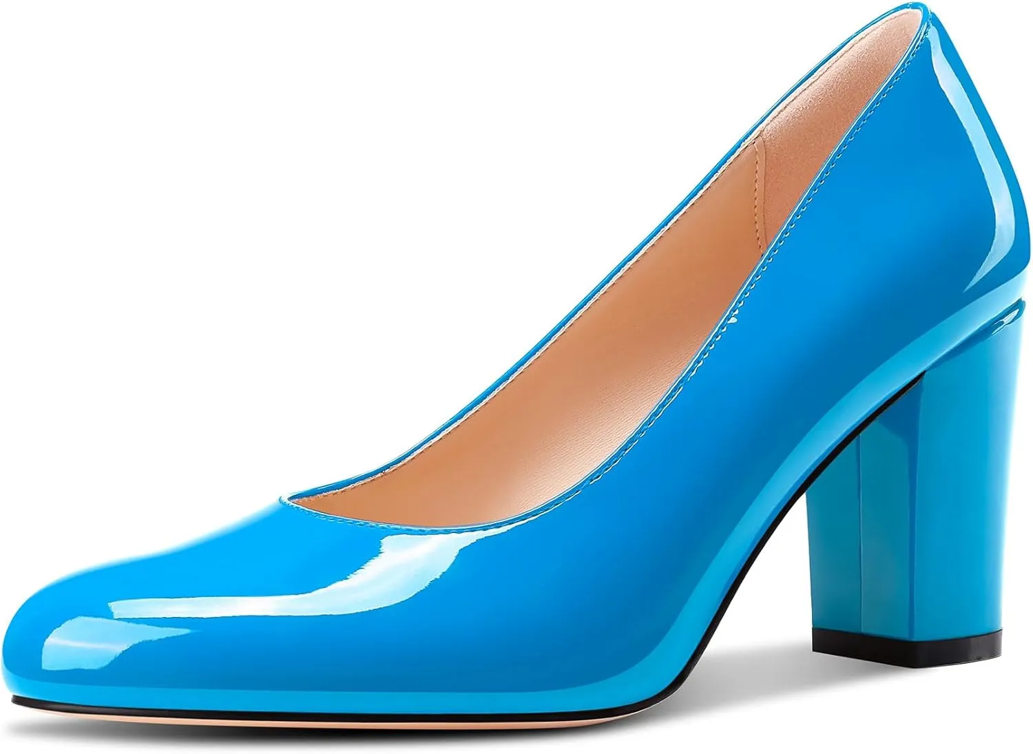 Castamere Womens High Chunky Block Heel Round Toe Pumps Slip-on Prom Dress Patent Leather 3.2 Inches Heels
