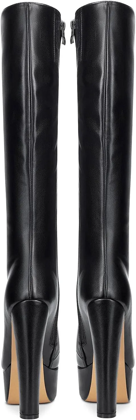 Castamere Womens High Heel Platform Lace Up Boots Chunky Heel Mid-Calf Boot with Zipper Round Toe 6 Inch Heels