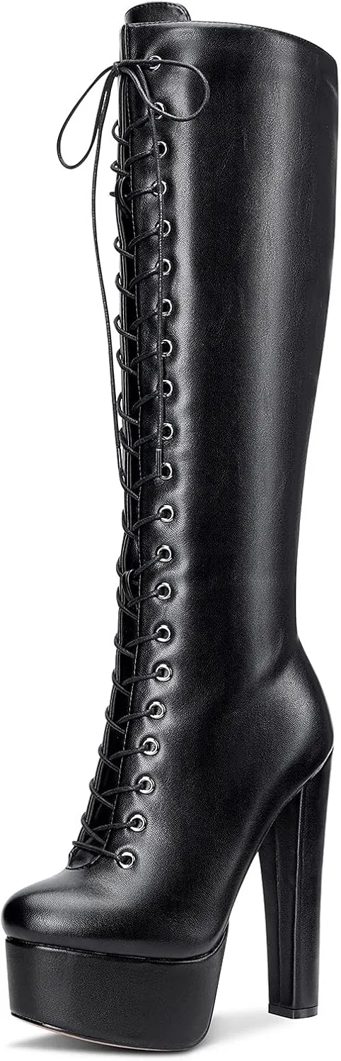 Castamere Womens High Heel Platform Lace Up Boots Chunky Heel Mid-Calf Boot with Zipper Round Toe 6 Inch Heels
