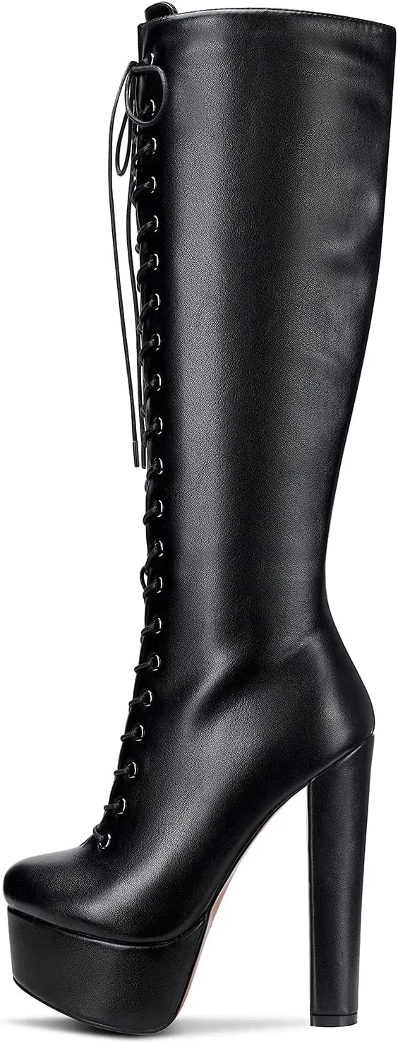 Castamere Womens High Heel Platform Lace Up Boots Chunky Heel Mid-Calf Boot with Zipper Round Toe 6 Inch Heels