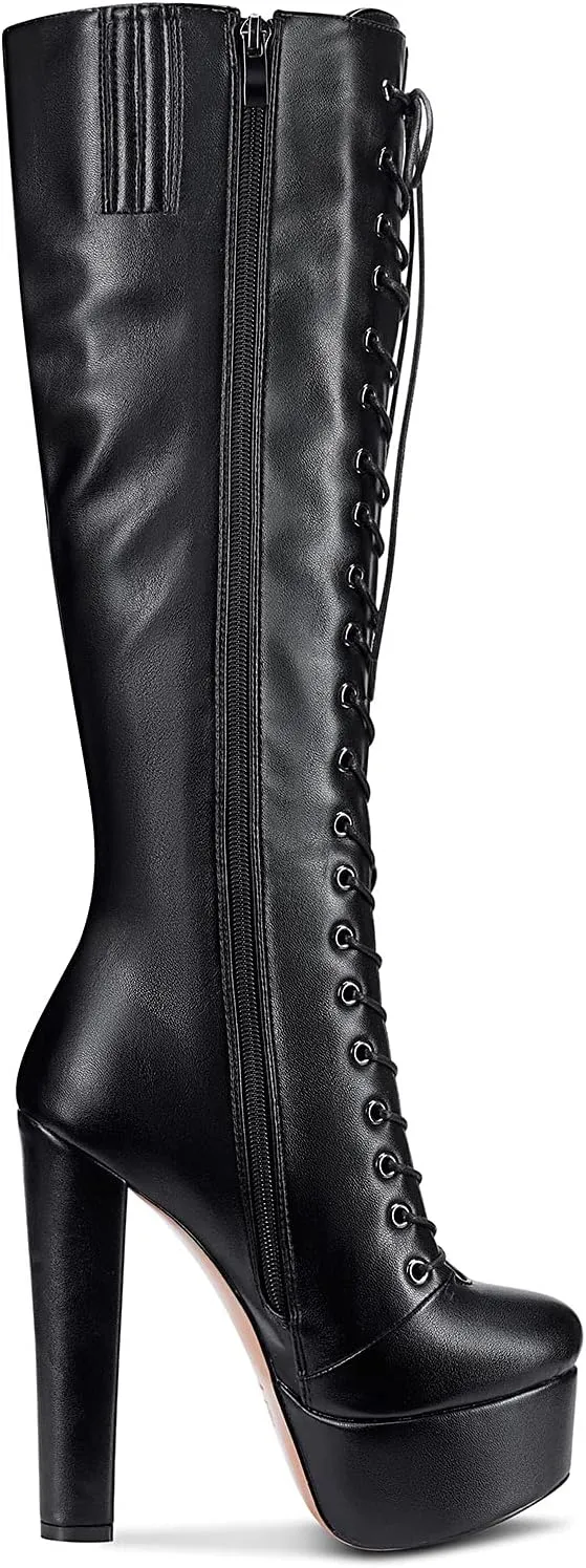 Castamere Womens High Heel Platform Lace Up Boots Chunky Heel Mid-Calf Boot with Zipper Round Toe 6 Inch Heels