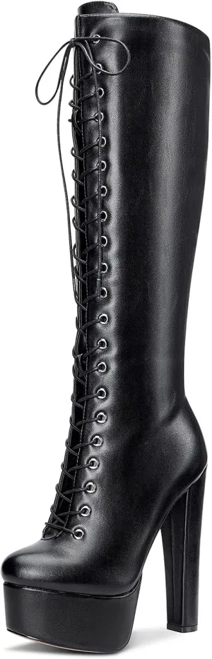 Castamere Womens High Heel Platform Lace Up Boots Chunky Heel Mid-Calf Boot with Zipper Round Toe 6 Inch Heels