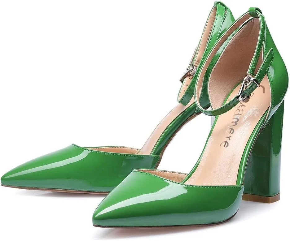 Castamere Womens High Heels Chunky Block Heel Sandals Pointed Toe Ankle Strap Pumps 10CM