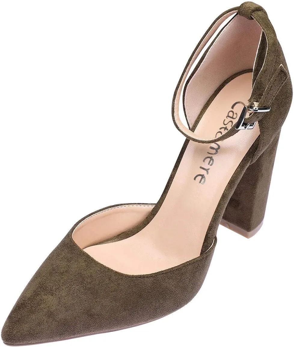Castamere Womens High Heels Chunky Block Heel Sandals Pointed Toe Ankle Strap Pumps 10CM
