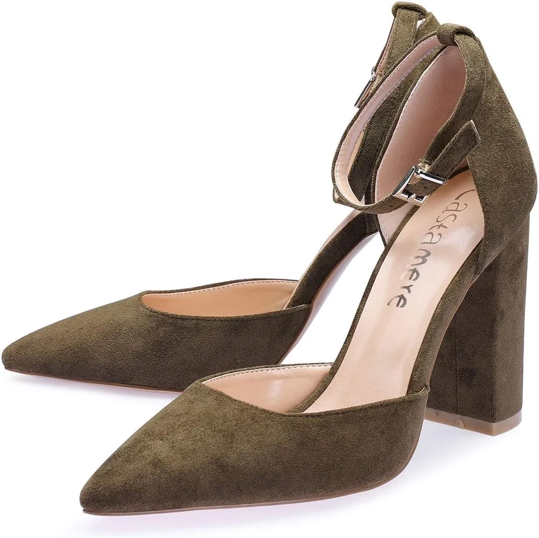 Castamere Womens High Heels Chunky Block Heel Sandals Pointed Toe Ankle Strap Pumps 10CM