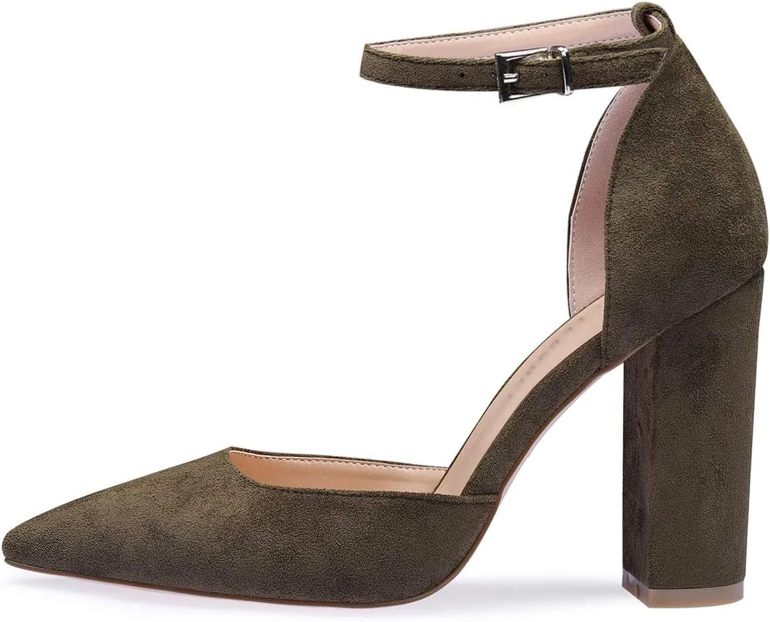 Castamere Womens High Heels Chunky Block Heel Sandals Pointed Toe Ankle Strap Pumps 10CM