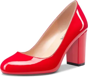 Castamere Women's High Heels Round Toe Slip-On Pumps Block Heel 8CM