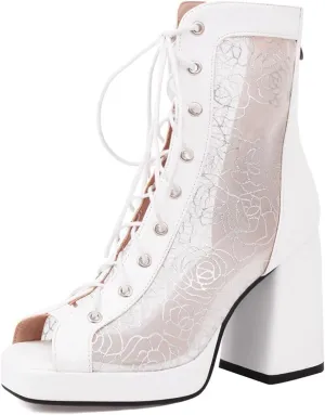 Chunky Heel Peep Toe Booties for Women Platform Heel Mesh Booties Summer Open Toe Booties