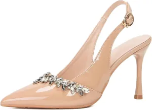 Closed Toe Slingback Heels Women Pumps Wide Fit Pointed Toe Heeled Sandals Sparkly Rhinestones Stiletto Formal Office Wedding Party Dress Shoes