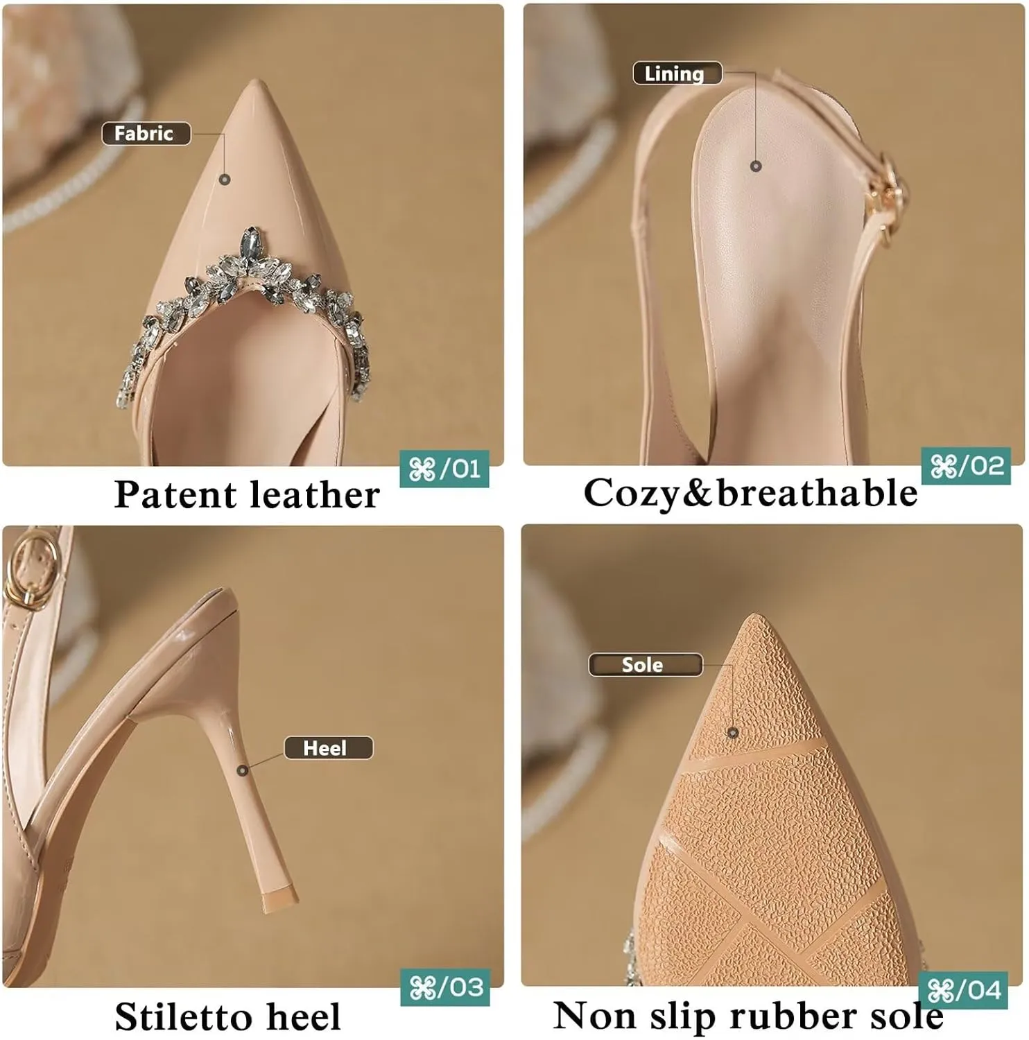 Closed Toe Slingback Heels Women Pumps Wide Fit Pointed Toe Heeled Sandals Sparkly Rhinestones Stiletto Formal Office Wedding Party Dress Shoes