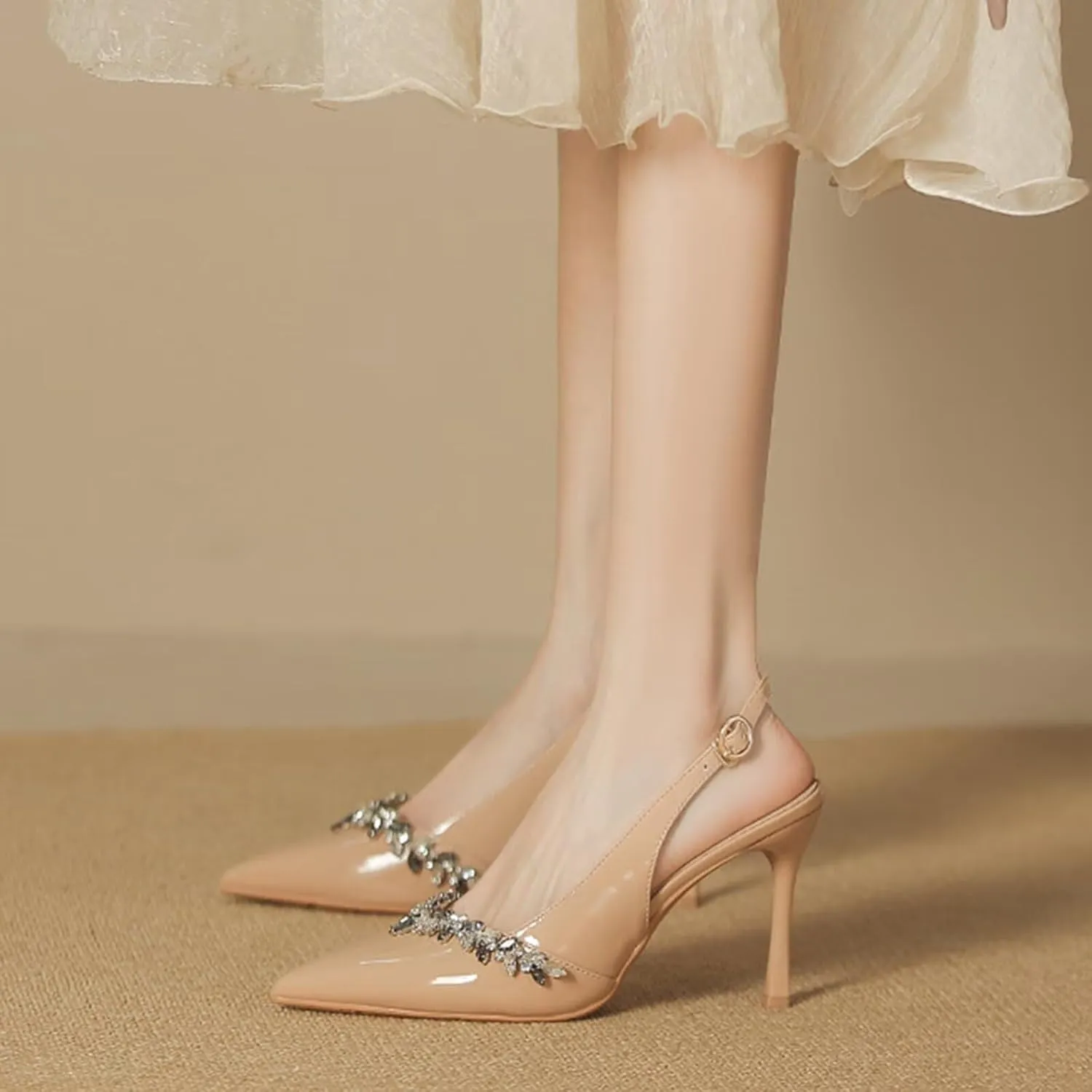 Closed Toe Slingback Heels Women Pumps Wide Fit Pointed Toe Heeled Sandals Sparkly Rhinestones Stiletto Formal Office Wedding Party Dress Shoes