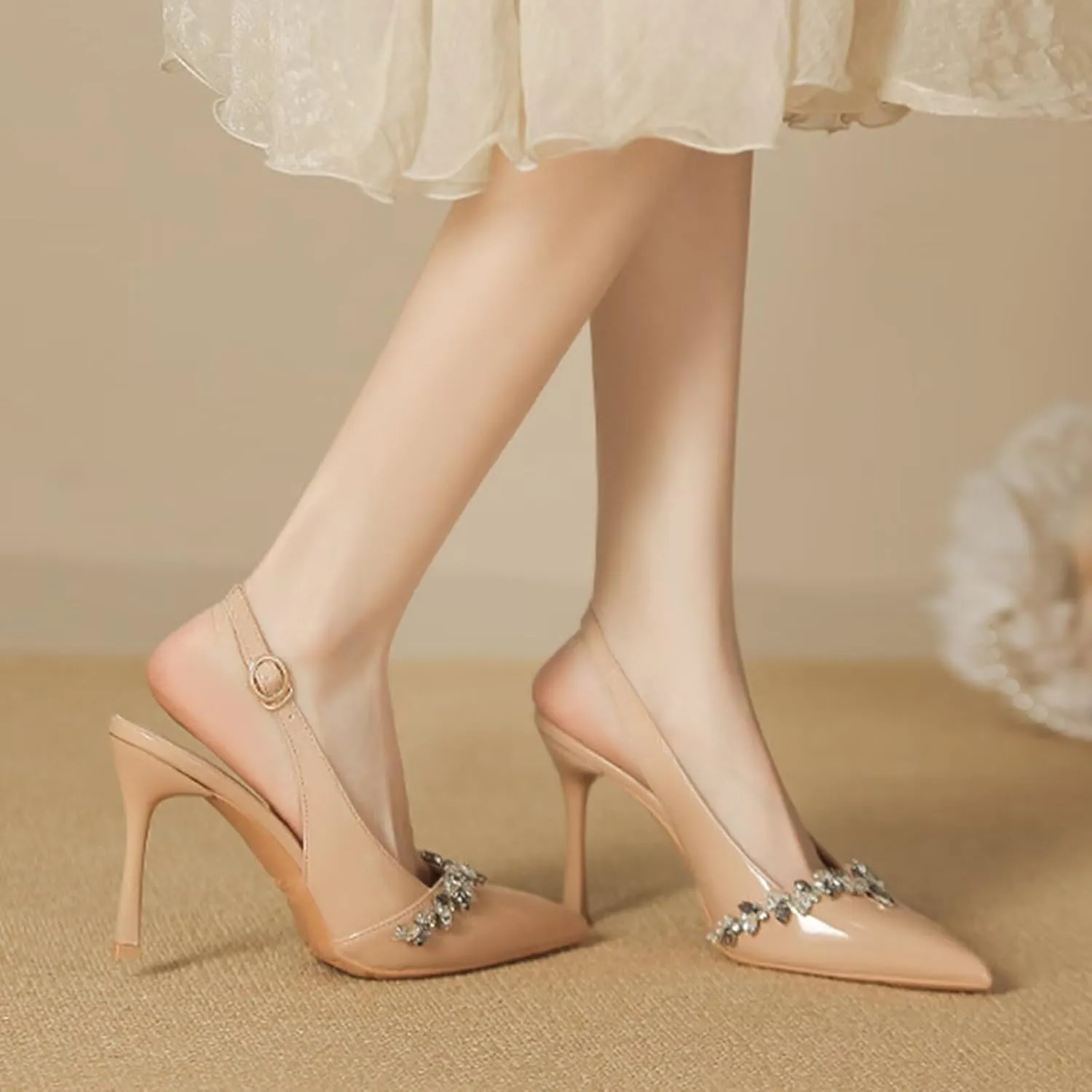 Closed Toe Slingback Heels Women Pumps Wide Fit Pointed Toe Heeled Sandals Sparkly Rhinestones Stiletto Formal Office Wedding Party Dress Shoes