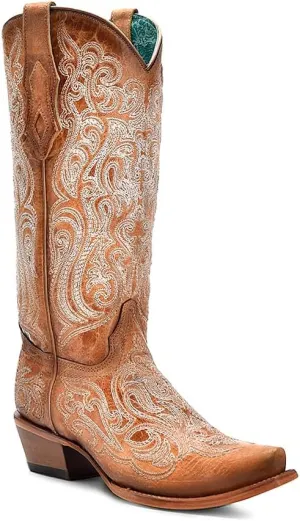 CORRAL LADIE'S CRACKLED STRAW-BLUE LIMINISCENT EMBROIDERY, LEATHER SOLE, COWHIDE LEATHER, WESTERN BOOTS, C4144