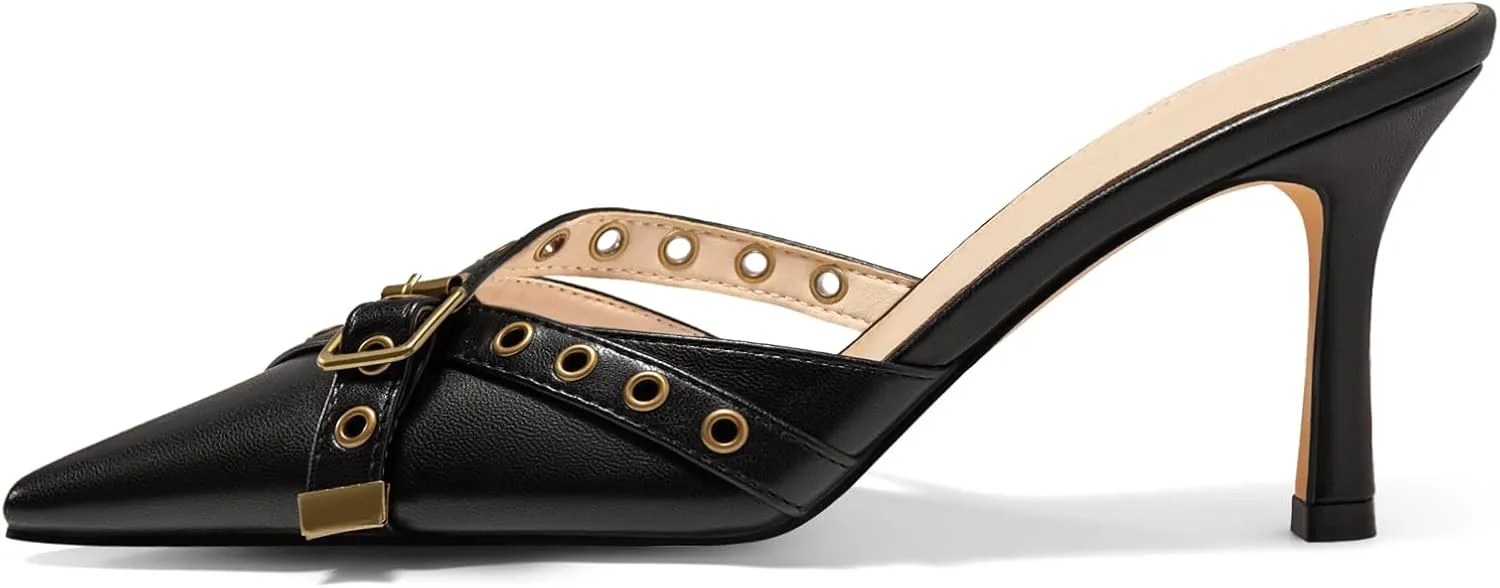 Coutgo Womens High Heels Mules Studded Slip On Mule Sandals Backless Buckle Dress Shoes Closed Pointed Toe Pumps