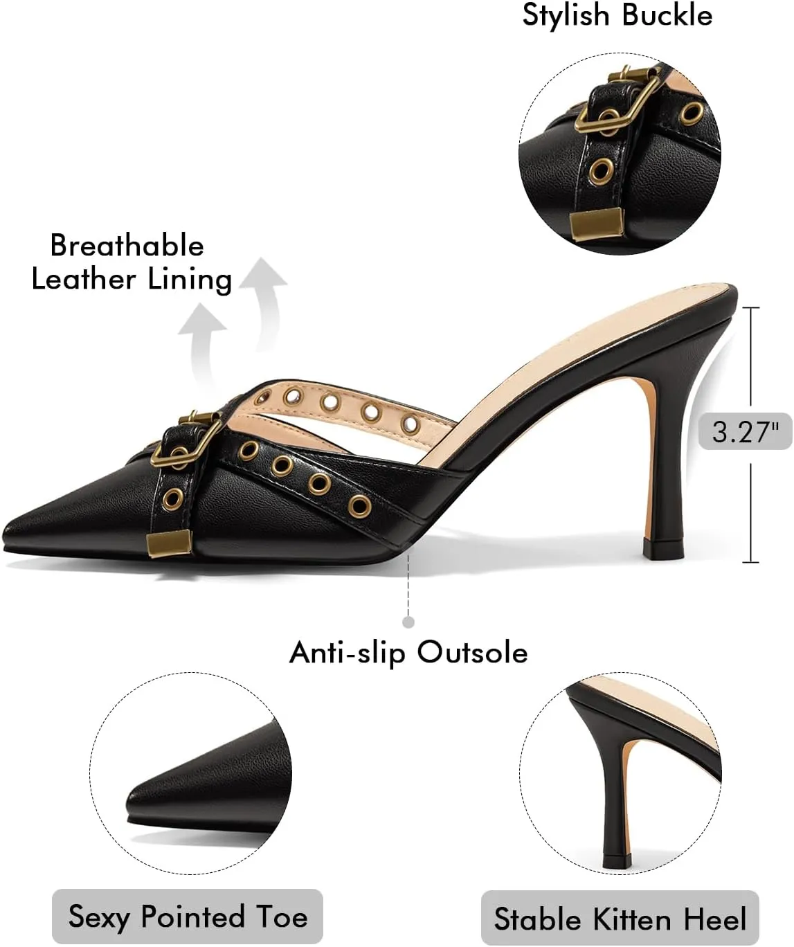 Coutgo Womens High Heels Mules Studded Slip On Mule Sandals Backless Buckle Dress Shoes Closed Pointed Toe Pumps