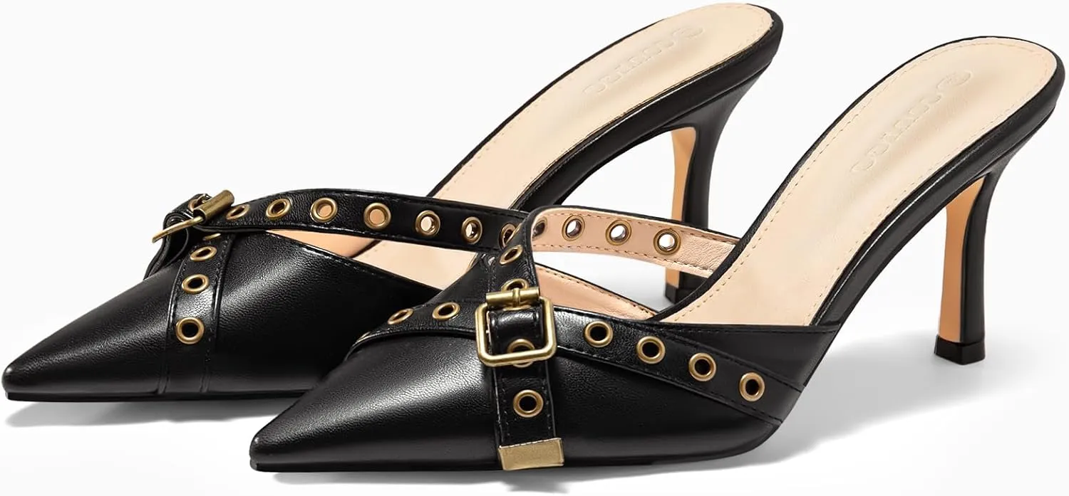 Coutgo Womens High Heels Mules Studded Slip On Mule Sandals Backless Buckle Dress Shoes Closed Pointed Toe Pumps
