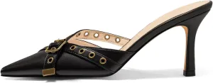 Coutgo Womens High Heels Mules Studded Slip On Mule Sandals Backless Buckle Dress Shoes Closed Pointed Toe Pumps