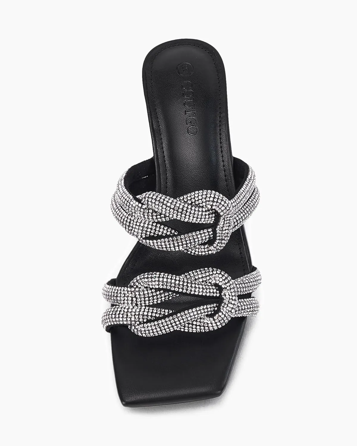 Coutgo Womens Kitten Heel Sandals Mules Rhinestone Slip on Low Heels Open Square Toe Dressy Summer Wedding Party Shoes