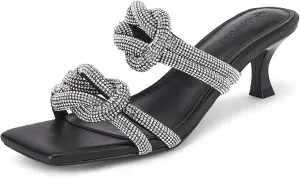 Coutgo Womens Kitten Heel Sandals Mules Rhinestone Slip on Low Heels Open Square Toe Dressy Summer Wedding Party Shoes